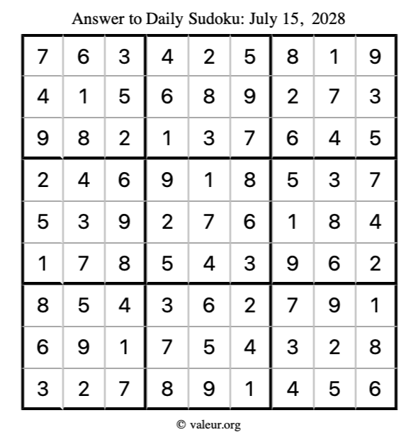 Answer to sudoku July 15, 2028