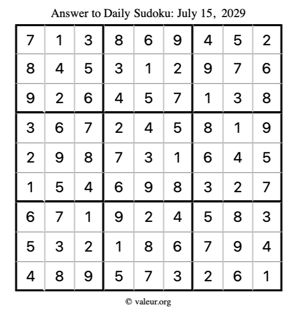 Answer to sudoku July 15, 2029