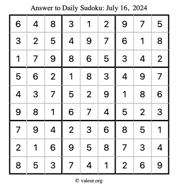 Answer to sudoku July 16, 2024