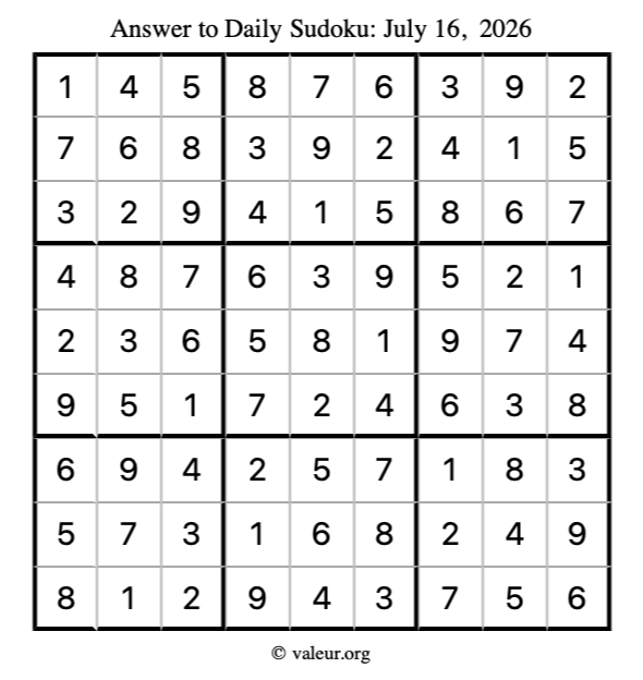 Answer to sudoku July 16, 2026