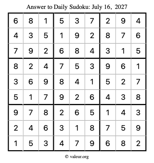 Answer to sudoku July 16, 2027