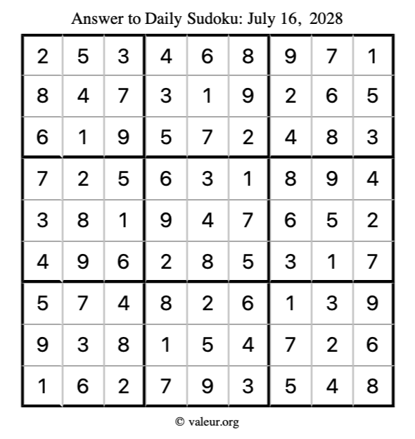 Answer to sudoku July 16, 2028