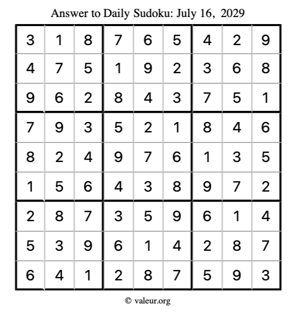 Answer to sudoku July 16, 2029