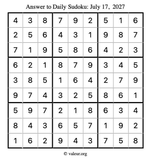 Answer to sudoku July 17, 2027