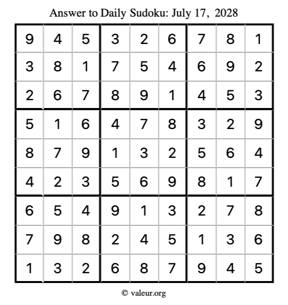 Answer to sudoku July 17, 2028