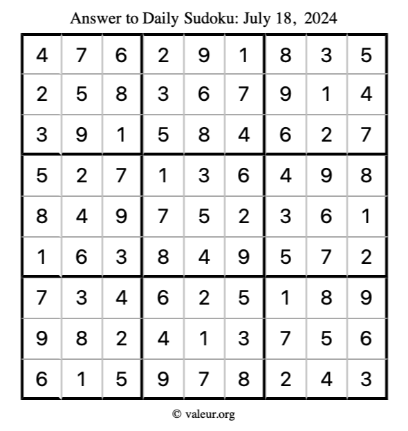 Answer to sudoku July 18, 2024