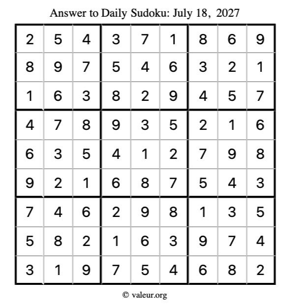 Answer to sudoku July 18, 2027
