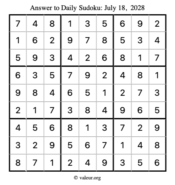 Answer to sudoku July 18, 2028