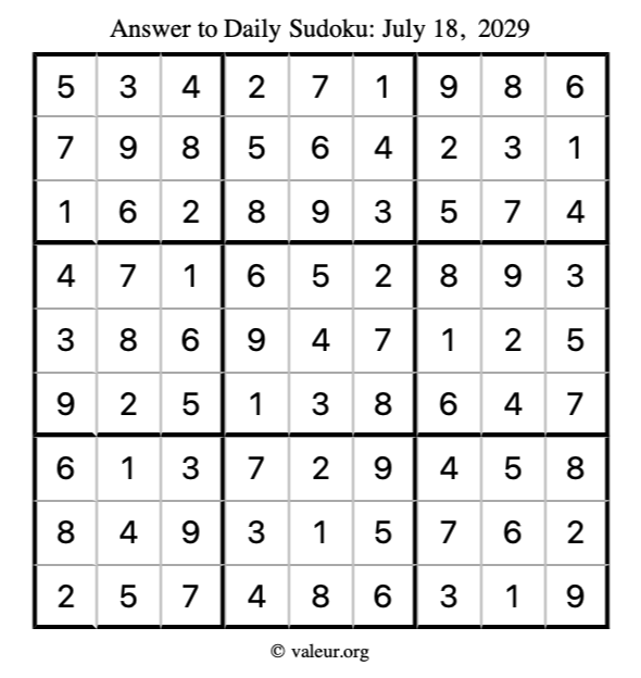 Answer to sudoku July 18, 2029