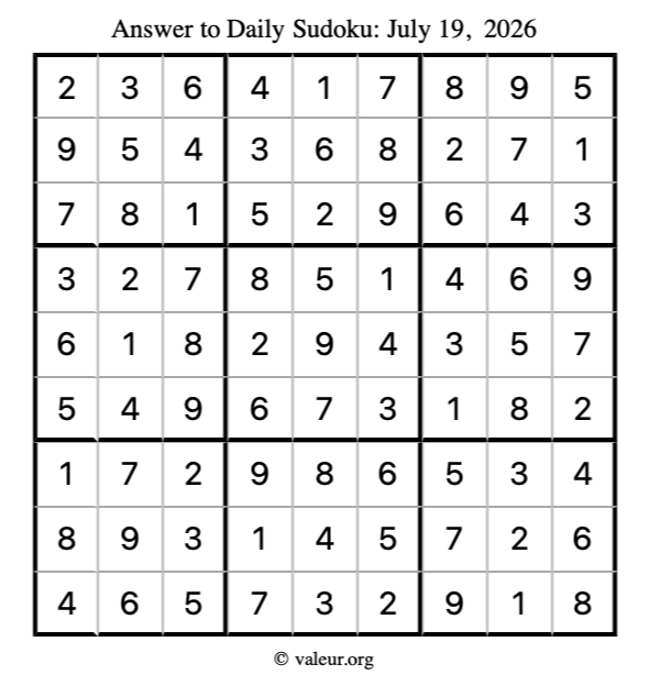 Answer to sudoku July 19, 2026