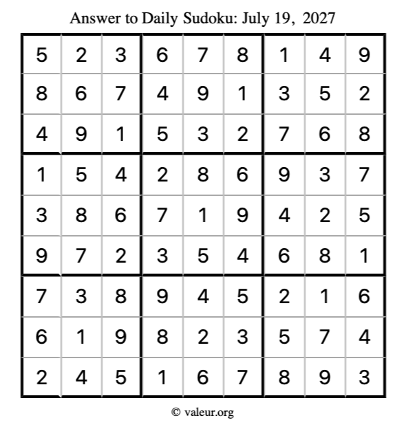 Answer to sudoku July 19, 2027