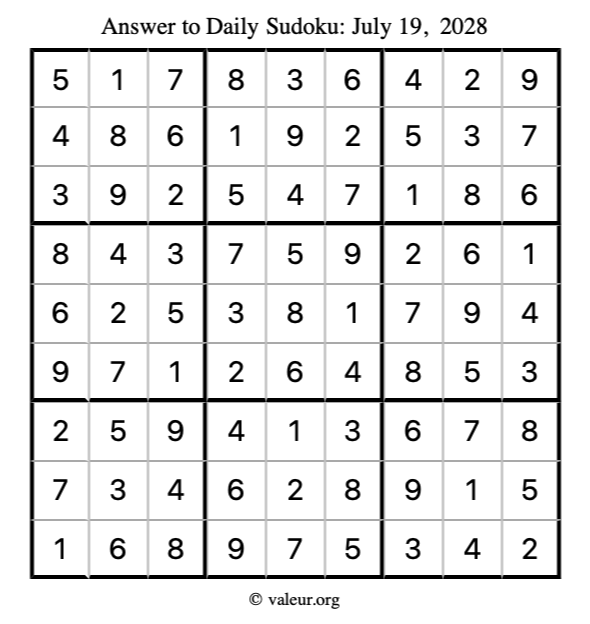 Answer to sudoku July 19, 2028