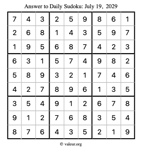Answer to sudoku July 19, 2029