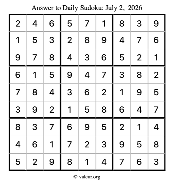 Answer to sudoku July 2, 2026