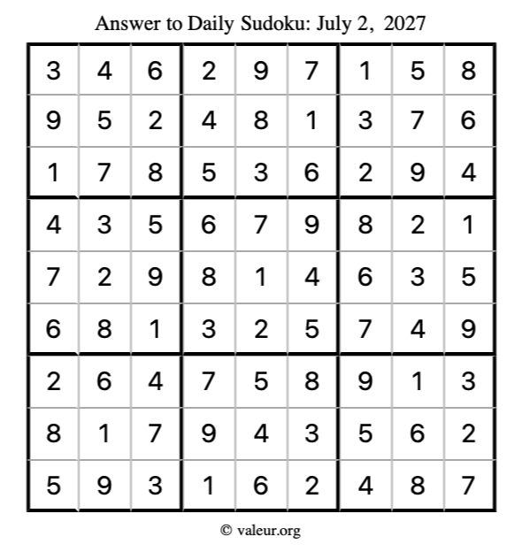 Answer to sudoku July 2, 2027