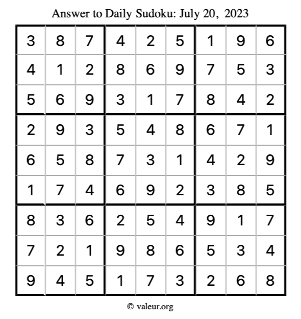 Answer to sudoku July 20, 2023