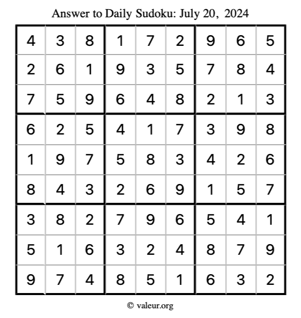 Answer to sudoku July 20, 2024