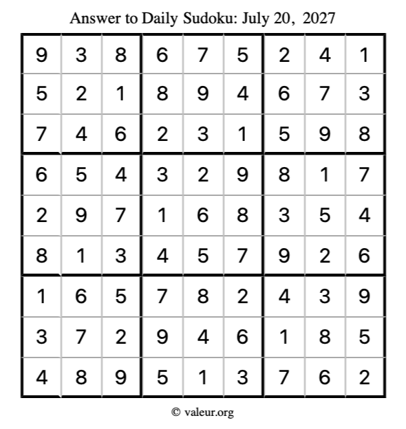 Answer to sudoku July 20, 2027