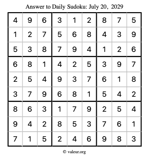 Answer to sudoku July 20, 2029