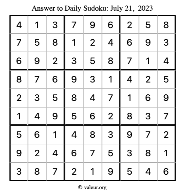 Answer to sudoku July 21, 2023