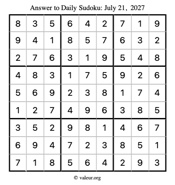 Answer to sudoku July 21, 2027