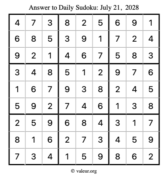 Answer to sudoku July 21, 2028