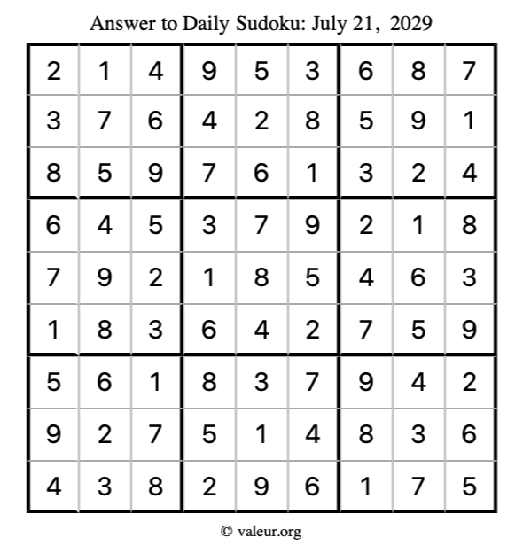 Answer to sudoku July 21, 2029