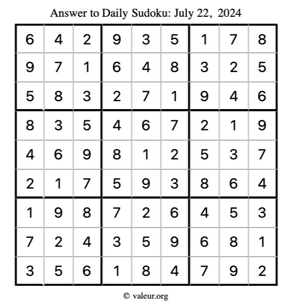 Answer to sudoku July 22, 2024