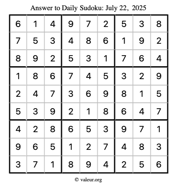 Answer to sudoku July 22, 2025