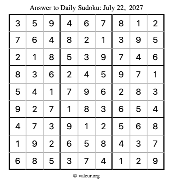 Answer to sudoku July 22, 2027