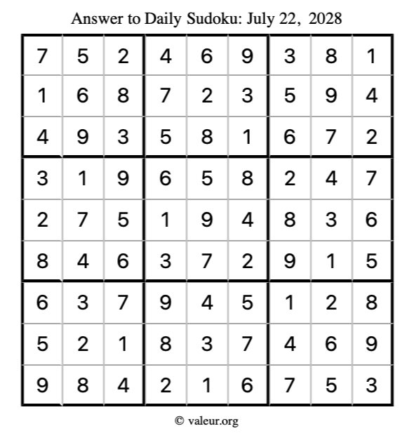 Answer to sudoku July 22, 2028