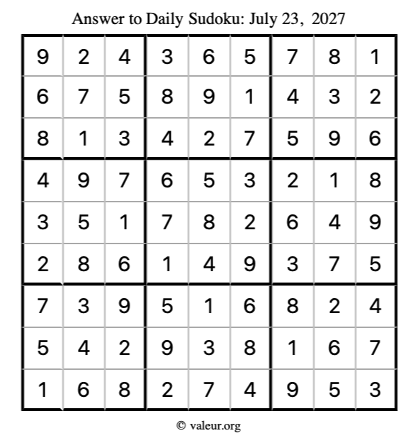 Answer to sudoku July 23, 2027