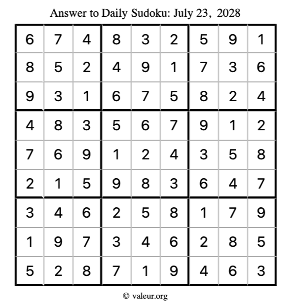 Answer to sudoku July 23, 2028