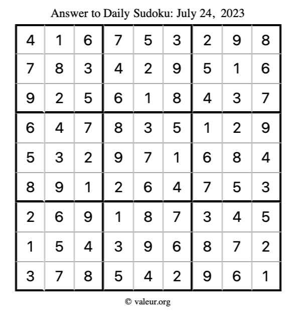 Answer to sudoku July 24, 2023