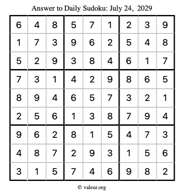 Answer to sudoku July 24, 2029