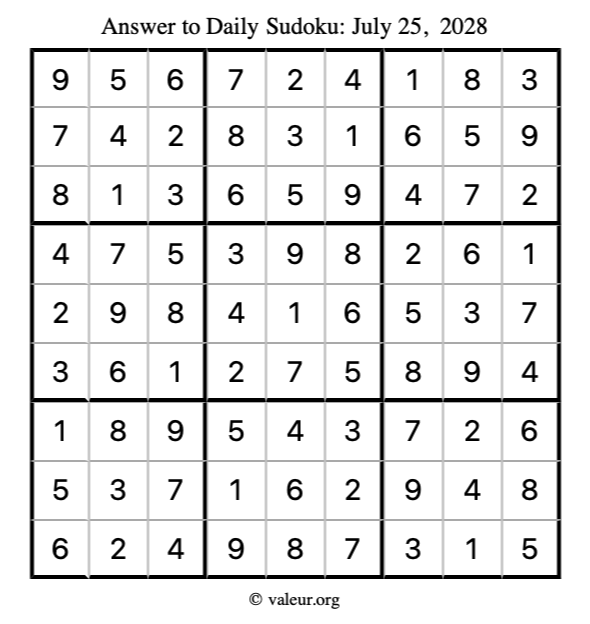 Answer to sudoku July 25, 2028