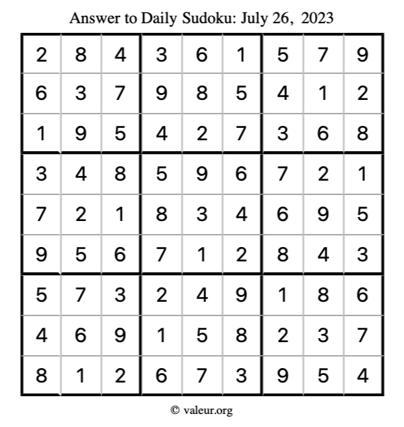 Answer to sudoku July 26, 2023