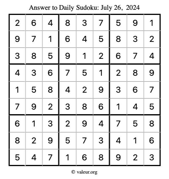 Answer to sudoku July 26, 2024