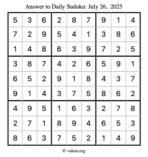Answer to sudoku July 26, 2025