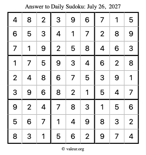 Answer to sudoku July 26, 2027