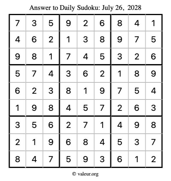 Answer to sudoku July 26, 2028