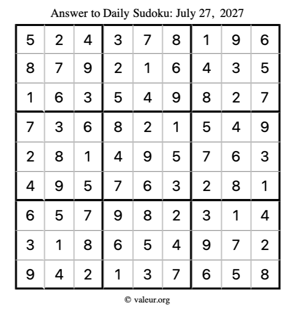 Answer to sudoku July 27, 2027
