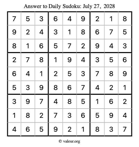 Answer to sudoku July 27, 2028