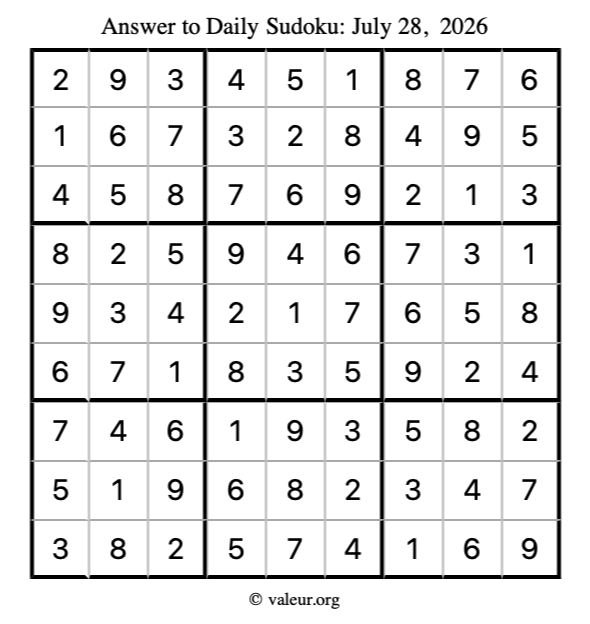 Answer to sudoku July 28, 2026