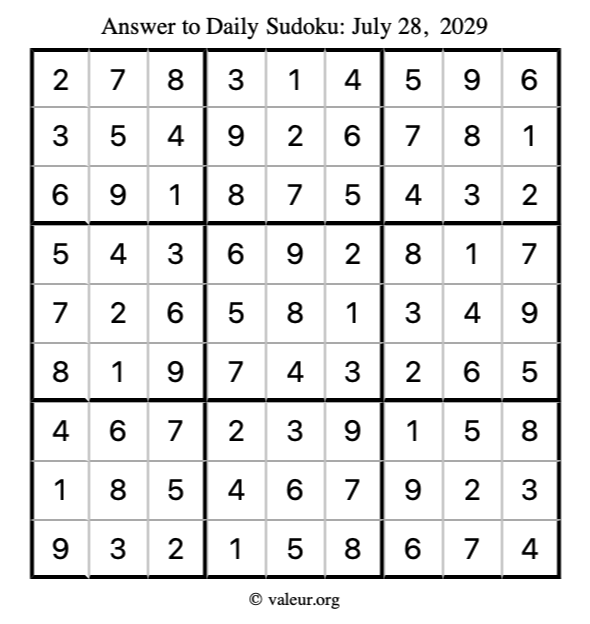 Answer to sudoku July 28, 2029