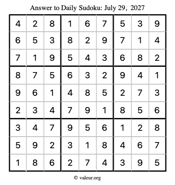 Answer to sudoku July 29, 2027
