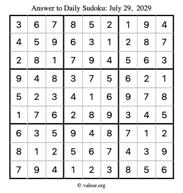 Answer to sudoku July 29, 2029