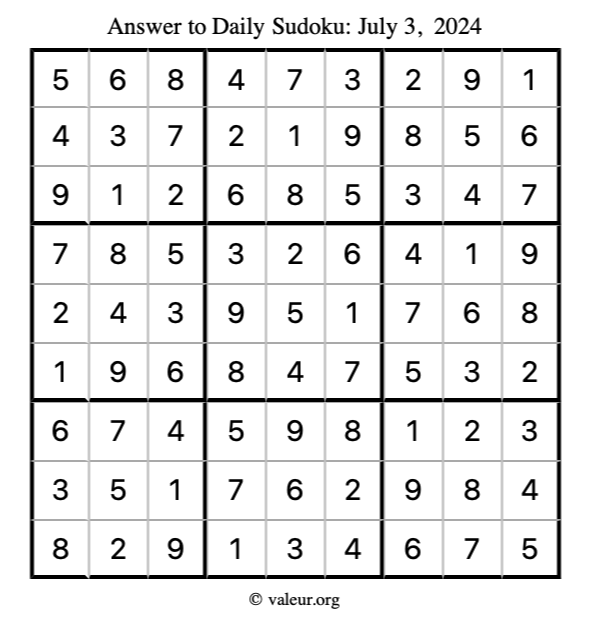 Answer to sudoku July 3, 2024