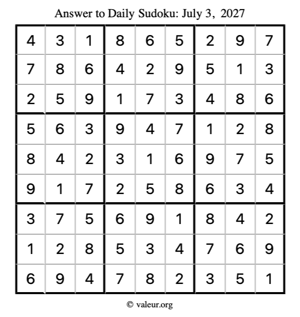 Answer to sudoku July 3, 2027