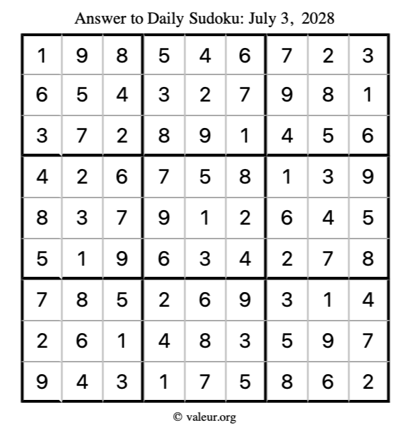 Answer to sudoku July 3, 2028